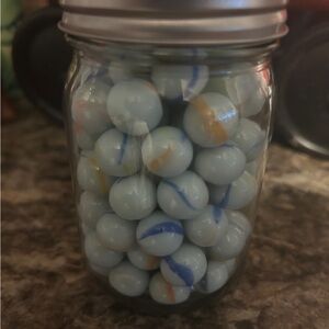 Jar of Vintage Marbles with Blue and Orange Swirls